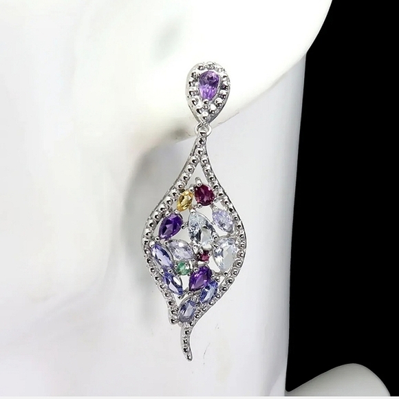 Unheated Natural Blue Aquamarine 6x4mm & Amethyst 925‎ Sterling Silver Earrings - Picture 1 of 7